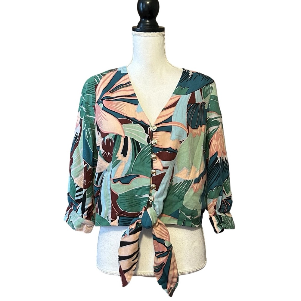 Joie Multicolor Tropical Print Tie-Front Blouse